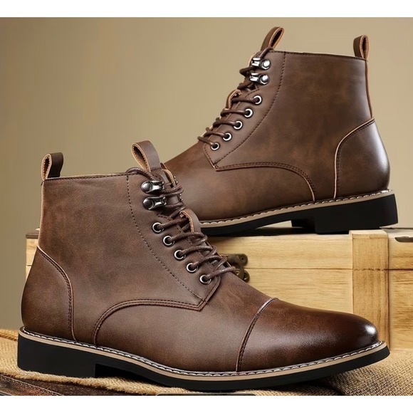 Unbranded Other - Mens Dark Brown Faux Leather Cap Toe Lace Up Ankle Boots M 8.5